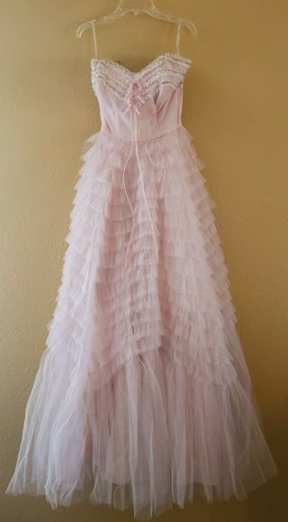 Vintage 50s Pink Strapless Tulle Prom Party Dress Lined Formal Size Xs Lace