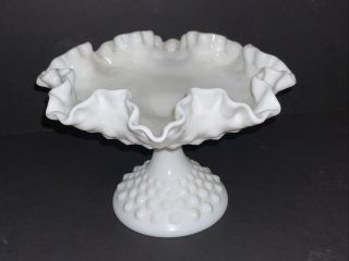 Fenton White Milk Glass Hobnail Footed Ruffle Crimped Edges Basket Dish Compote
