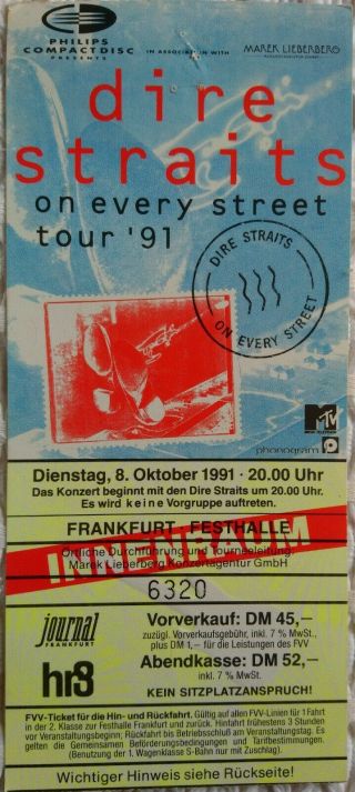 Dire Straits Very Rare Concert Ticket Live In Germany 1991 Tour Mark Knopfler Lp