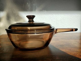 Vintage Corning Vision Ware.  5 L Amber Glass Pot Sauce Pan With Pyrex Lid