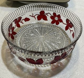 Vintage 8” Ruby Cut To Clear Etched Floral Design Bohemian Glass Serving Bowl