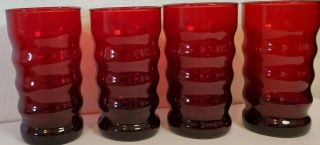 Ruby Red Wavy Drinking Glasses 4 1/2 " Small Juice Glasses Set Of 4 Vtg