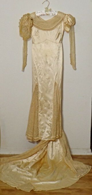 1930s Satin And Lace Long Sleeved Wedding Gown W/ Train & Headpiece,  Bush Ivory