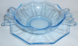 Fostoria Glass Blue Fairfax Pattern Whipped Cream Bowl W/separate Underplate