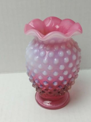 Vtg Fenton Hobnail Opalescent Cranberry Pink Small Vase Ruffled Top 4 In.  Tall