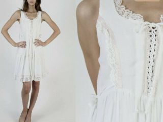 Vtg 70s Gunne Sax Dress White Corset Floral Lace Gauze Tiered Garden Lawn Mini