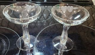 Vintage Set 2 Etched Heart Hollow Stem Bulbous Saucer Champagne Glasses