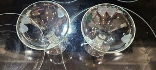 Vintage Set 2 Etched Heart Hollow stem bulbous Saucer Champagne Glasses 2
