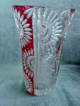 Vintage German Flash Glass Vase Etched Flowers.  8 1/4 " Tall