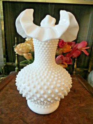 Fenton Milk Glass Hobnail Vase With Ruffled Top Edge White Color.