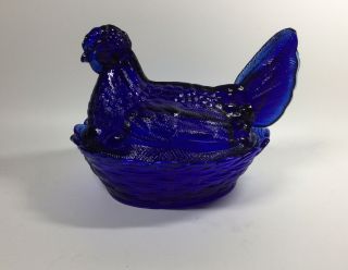 Vintage L.  G.  Wright Cobalt Blue Glass Hen On Nest Dish W/lid