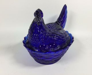 Vintage L.  G.  Wright Cobalt Blue Glass Hen On Nest Dish W/lid 2