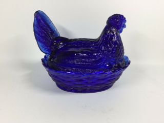 Vintage L.  G.  Wright Cobalt Blue Glass Hen On Nest Dish W/lid 3