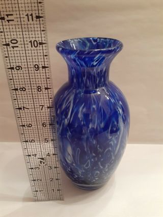 Blue & White Swirl Hand Blown Vase,  Art Glass 10 "