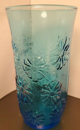 Vintage Blue Turquoise Daisy Glass Vase Anchor Hocking?? 6.  75 X 3.  5