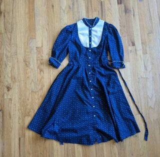 Vintage 1970s Candi Jones Prairie Blue Calico Floral Print Dress Size Small