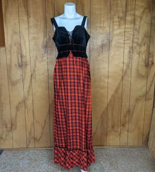 Vintage Candi Jones Velvet Corset Sleeves Plaid Maxi Dress Size Extra Small Xs