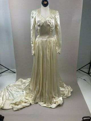 Vintage 1940s Classic Slipper Satin Wedding Dress Long Sleeves Train Deco Glam