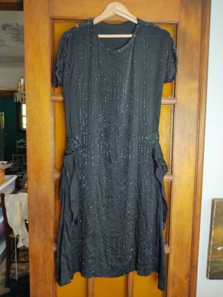 1920s Vintage Antique Black Beaded Flapper Dress