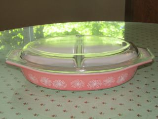 Vintage Pyrex Pink Daisy Divided 1.  5 Qt.  Casserole Dish With Lid