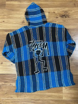 90s Vintage Stussy Baja Mexican Blanket Pullover Poncho Hoodie Xl Blue / Black