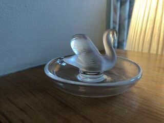 Vintage Signed Lalique France Frosted Swan Crystal Ring Dish / Pin Tray Nr