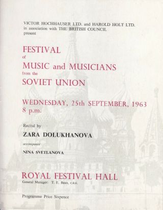 AUTOGRAPHED Opera/Recital/Concert Programme 1963 Zara Dolukhanova RFH London 2