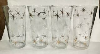 SET OF 4 VTG 1950s GLASS TUMBLERS GOLD LEAF WHITE STAR ATOMIC MCM STARBURST 2