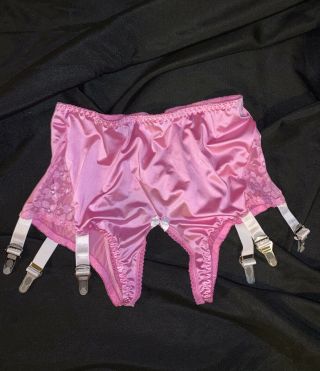 Xl 2x Pink Satin Spandex Panty Girdle Crotchless With 6 Metal Stocking Garters