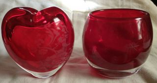 Two Etched Ruby Red Hand Blown Art Glass Vase & Star Candleholder