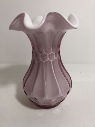 Vintage Fenton Glass Vase - White With Pink Overlay - Ruffles Vase 5 1/2  Tall