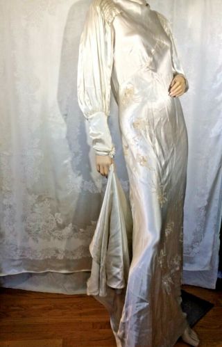 Vintage Wedding Dress Bridal Gown 40s Satin Train Cowl Sleeves Bias Art Deco M