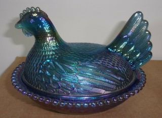 Indiana Glass Co.  Iridescent Blue Green Covered Carnival Glass Hen On A Nest