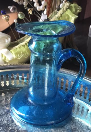 Very Rare Antique Victorian Blue/green Glass Pitcher/vase /candle Holder
