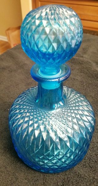 Vintage Blue Glass Decanter W Stopper Genie Bottle Diamond Liquor Bar Decor.