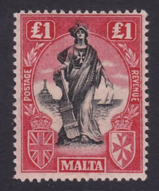 Malta.  Sg 140,  £1 Black & Bright Carmine.  Wmk Upright.  Mounted.