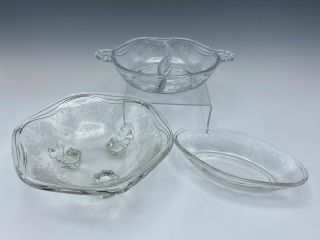 3 Vintage Fostoria Willowmere Bowls Rose Etching Elegant Glass Footed Relish