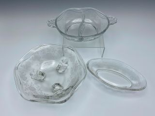 3 Vintage Fostoria Willowmere Bowls Rose Etching Elegant Glass Footed Relish 2