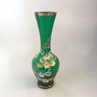 Vintage Hand Painted Bohemian Czech Green Glass Bud Vase With Gold Trim