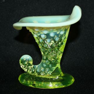 Vintage Fenton Vaseline Yellow Opalescent Glass Horn Of Plenty Hobnail Vase