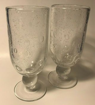 Hand Blown Clear Glass Controlled Bubble Ball Stem Water Goblet Pair (2)