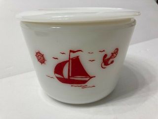 Vintage Mckee Milk Glass Red Sailboat Bowl/jar With Lid 5 " W X 3 1/2 " H