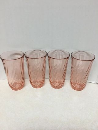 Set Of 4 Vintage Pink Glass Arcoroc Rosaline Swirl France Glasses Tumblers