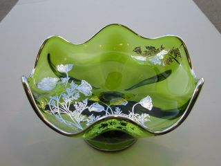 Vtg Green Viking Glass Epic Footed Bowl With Stering Silver Floral Decorations