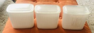 3 Vintage Hazel Atlas White Milk Glass Refrigerator Dishes W/ Plastic Lids