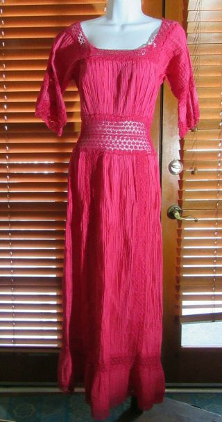 Vtg 70s Mexican Wedding Dress Crochet Lace Angel Sleeve Cotton Boho Maxi Pintuck