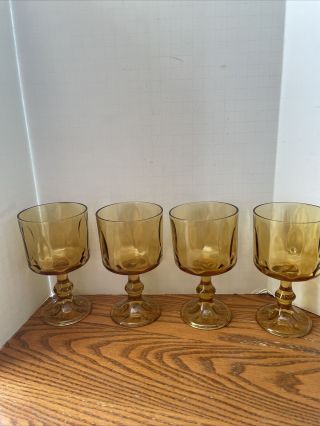 Vintage Light Amber Glass Long Thumbprint Pattern Goblet Wine Glass Set Of 4