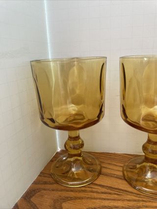 Vintage Light Amber Glass Long Thumbprint Pattern Goblet Wine Glass Set Of 4 2