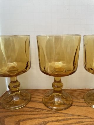 Vintage Light Amber Glass Long Thumbprint Pattern Goblet Wine Glass Set Of 4 3