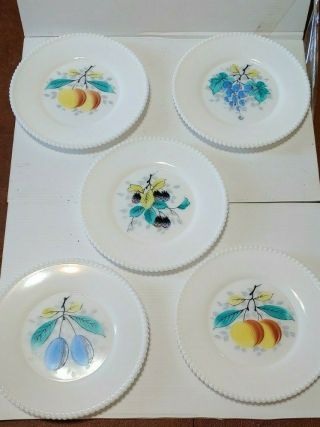 Vintage Westmoreland Beaded Edge Fruit Plates Hand Painted 5pc Exc Cond